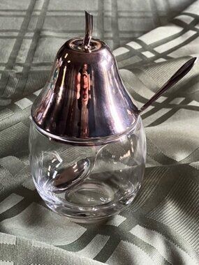 Vintage Glass and Silver-Plated Pear-Shaped Sugar Bowl/Jelly Jar with Spoon